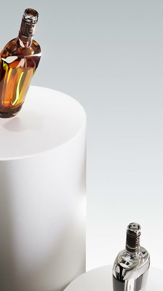 CGI rendered spirits bottles staged on cylindrical pedestals for the Infinity Pour render