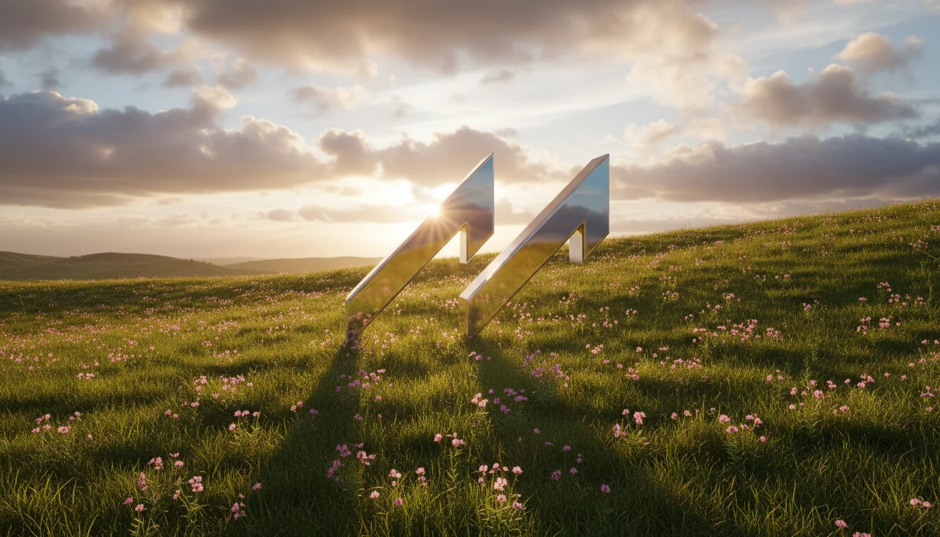 A wildflower hillside at golden hour, with the chrome MUUS bolt-M sculpture standing in the field as the sun flares behind it
